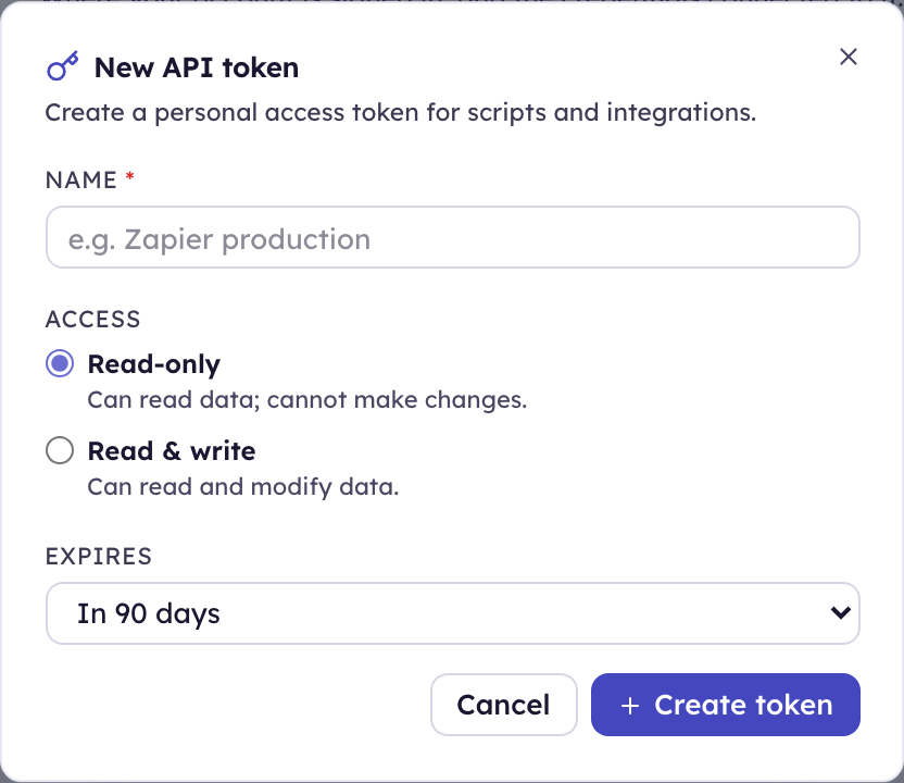The New API token dialog — a name, an access level (read-only or read &amp; write), and an expiry.