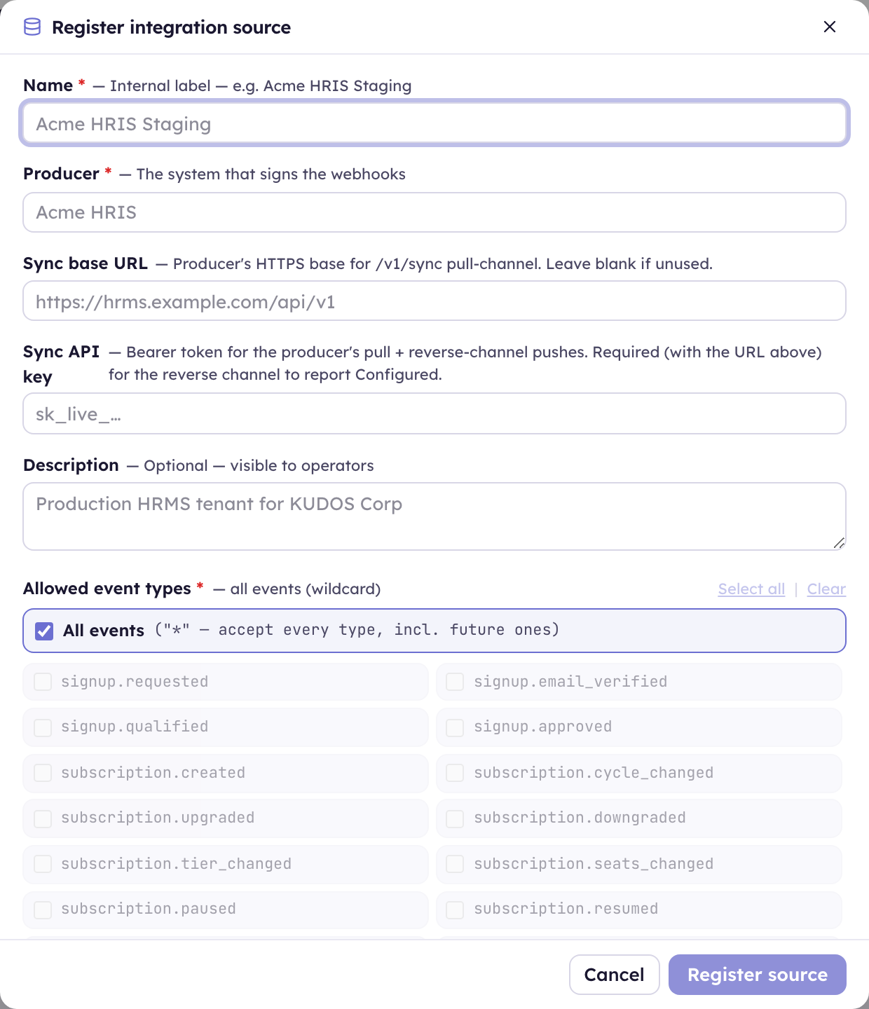 The Register integration source dialog — name, producer, sync base URL, sync API key, and the allowed event types.