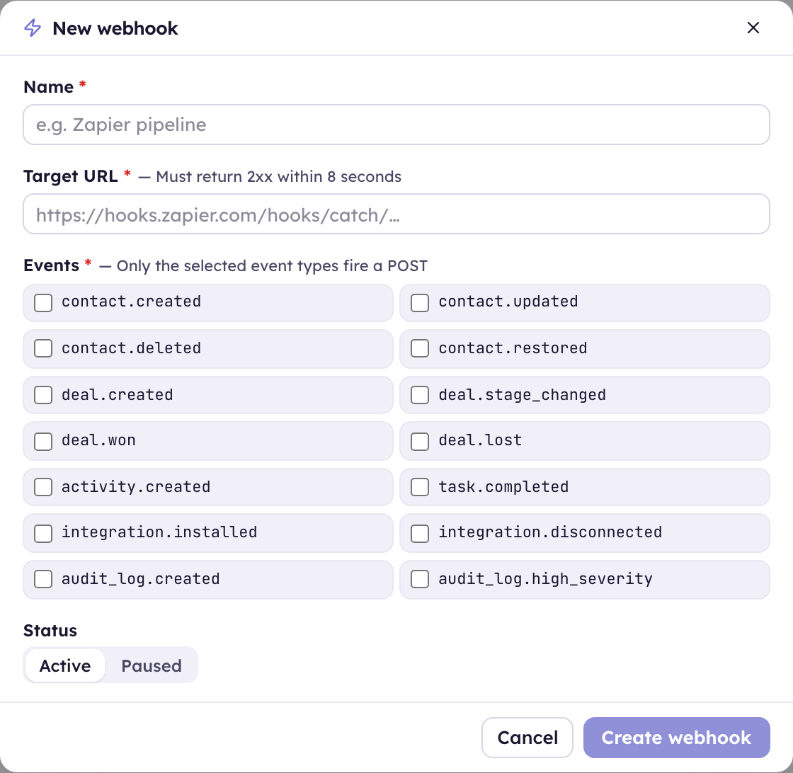The New webhook dialog — a name, target URL, the event types that fire a POST, and an active/paused status.